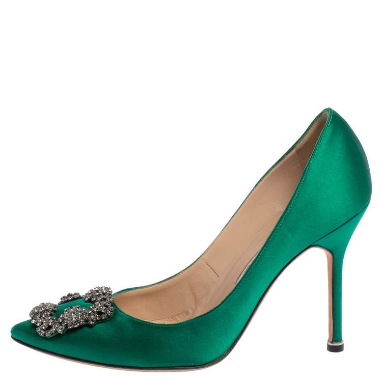 Pre Owned Manolo Blahnik Green Satin Hangisi Pumps Size 38