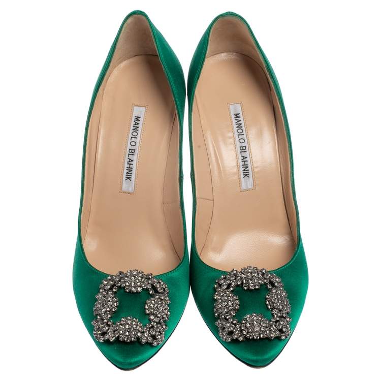 Pre Owned Manolo Blahnik Green Satin Hangisi Pumps Size 38