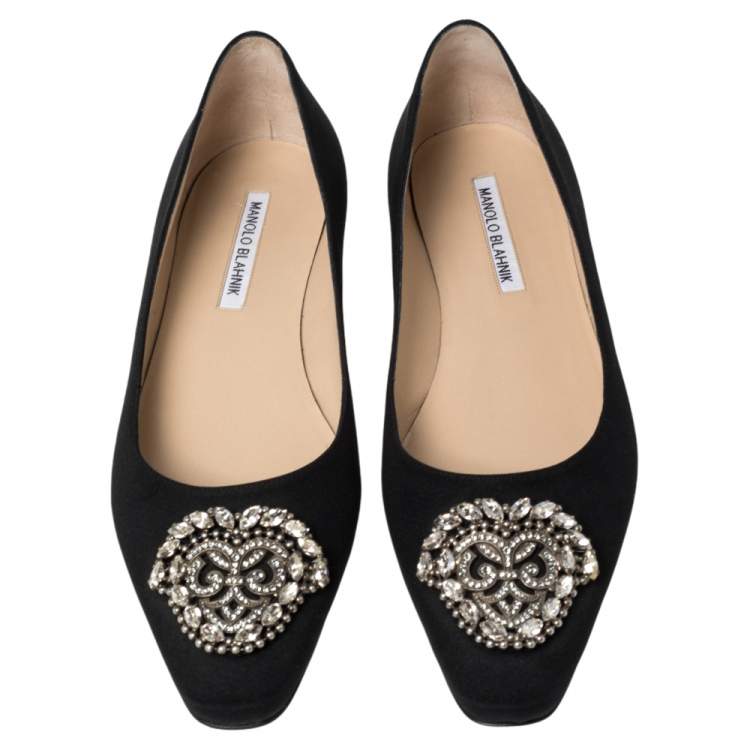 Pre Owned Manolo Blahnik Black Satin Okkato Crystal Embellished Ballet Flats Size 40.5
