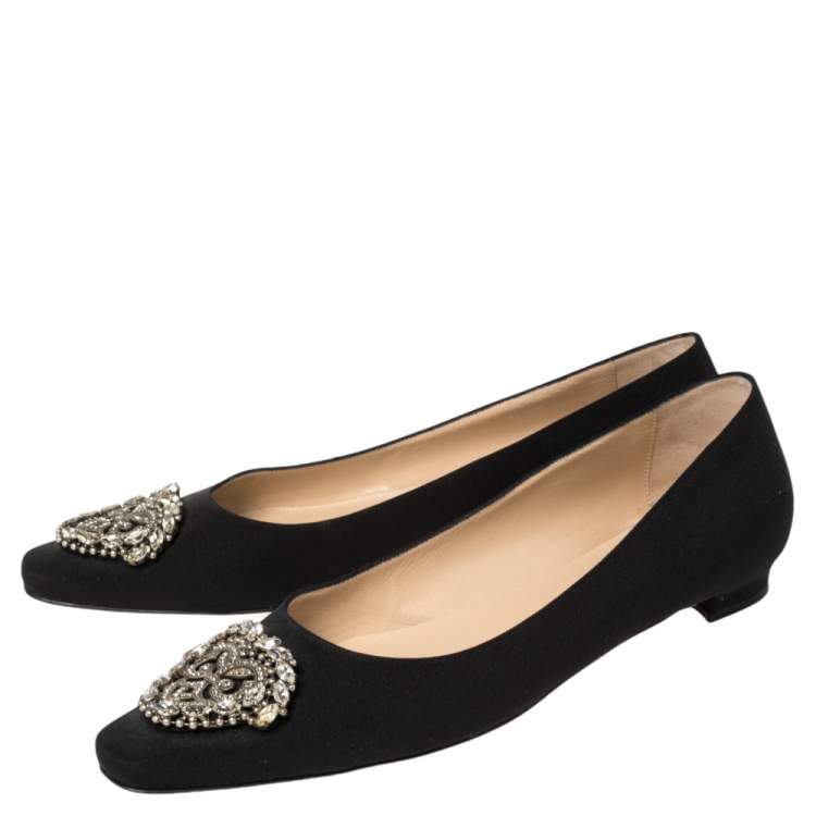 Pre Owned Manolo Blahnik Black Satin Okkato Crystal Embellished Ballet Flats Size 40.5
