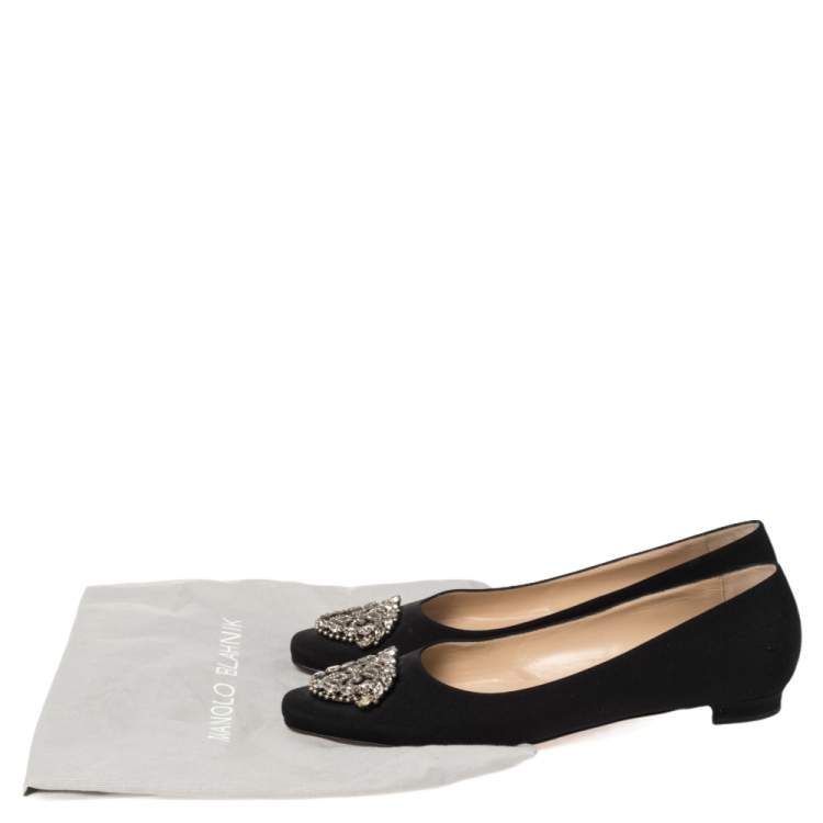 Pre Owned Manolo Blahnik Black Satin Okkato Crystal Embellished Ballet Flats Size 40.5
