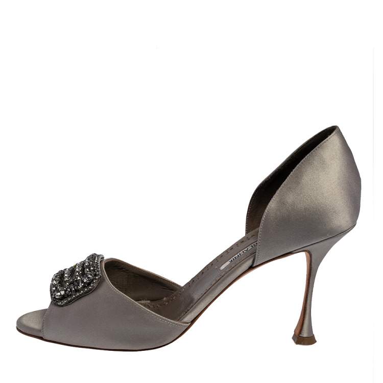 Pre Owned Manolo Blahnik Grey Satin Alicia Embellished Peep Toe Sandals Size 40.5