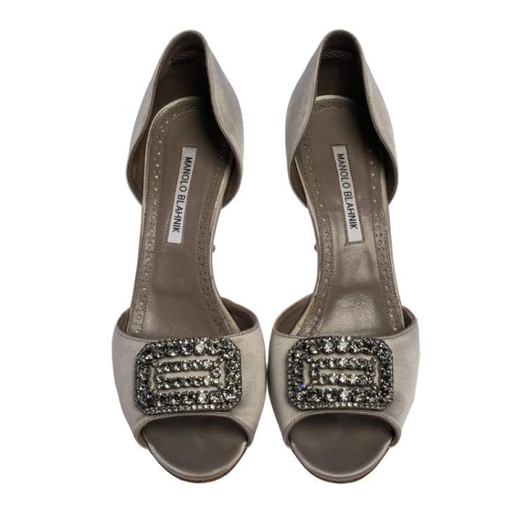 Pre Owned Manolo Blahnik Grey Satin Alicia Embellished Peep Toe Sandals Size 40.5