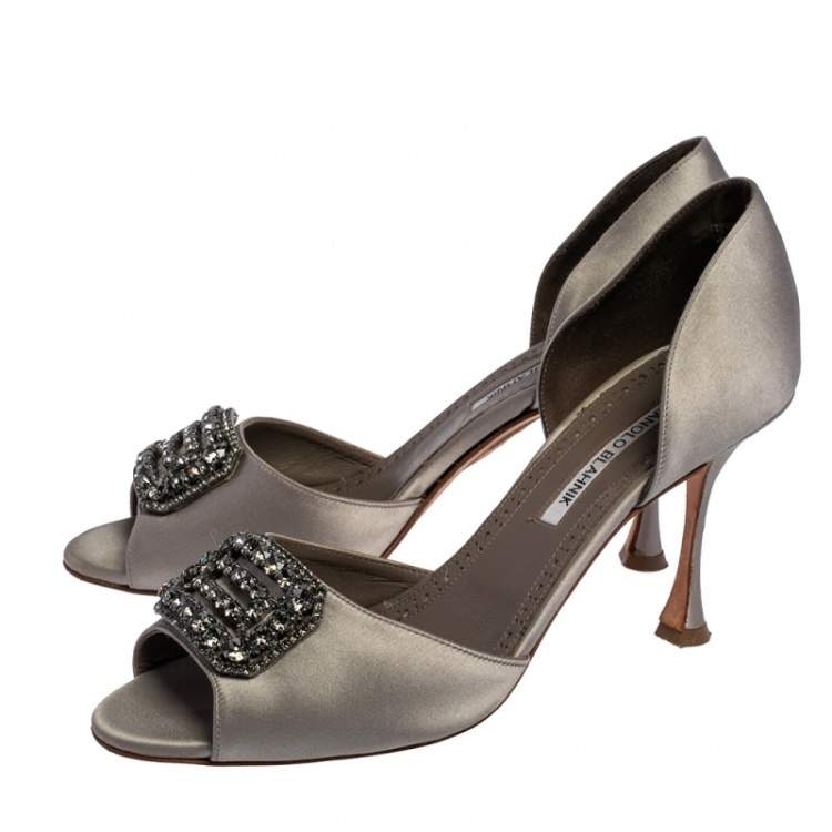 Pre Owned Manolo Blahnik Grey Satin Alicia Embellished Peep Toe Sandals Size 40.5