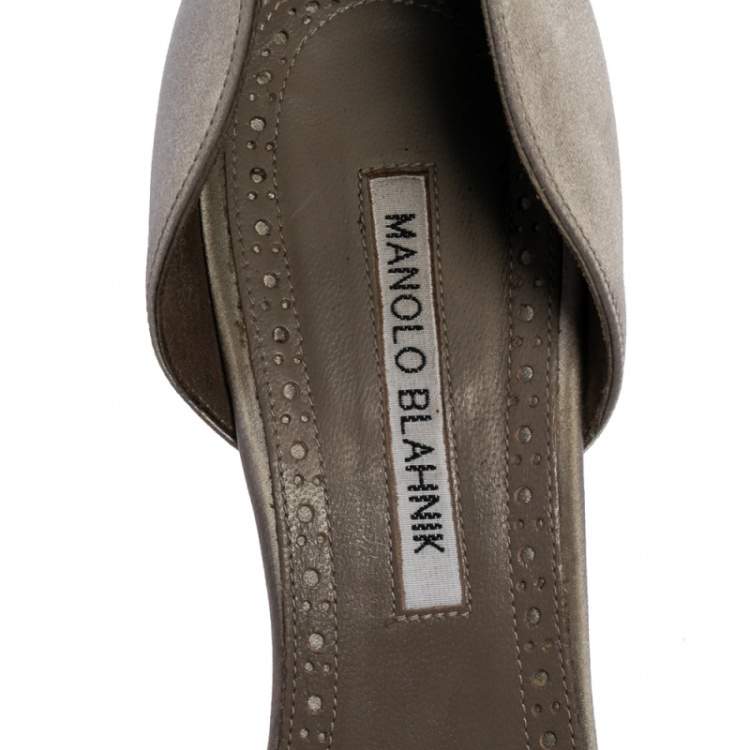 Pre Owned Manolo Blahnik Grey Satin Alicia Embellished Peep Toe Sandals Size 40.5