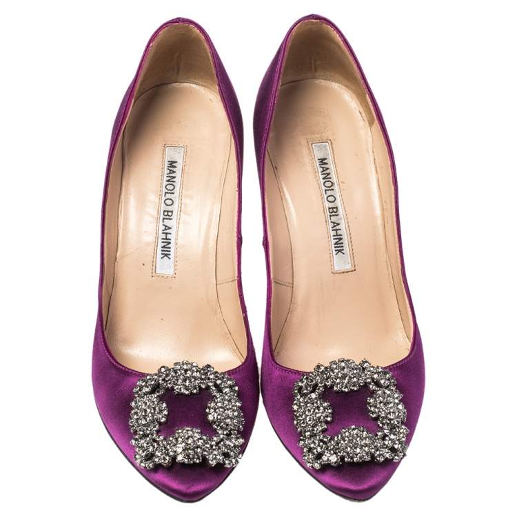 Pre Owned Manolo Blahnik Purple Satin Hangisi Pumps Size 34.5