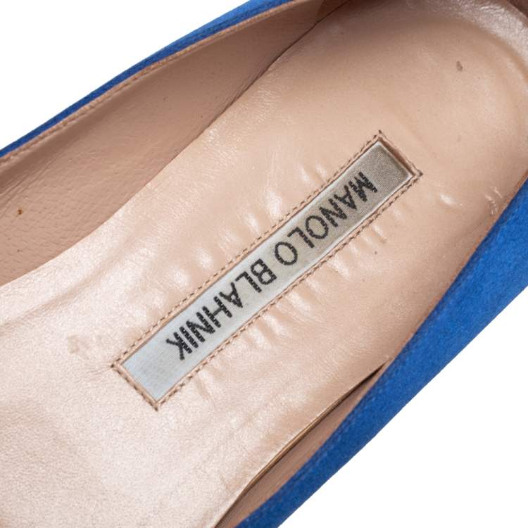 Pre Owned Manolo Blahnik Blue Satin Hangisi Pearl Embellished Flats Size 36