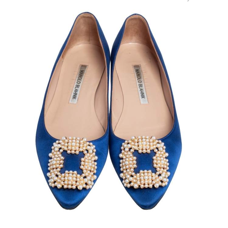 Pre Owned Manolo Blahnik Blue Satin Hangisi Pearl Embellished Flats Size 36