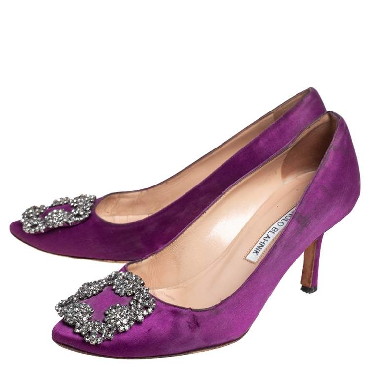 Pre Owned Manolo Blahnik Purple Satin Hangisi Embellished Pumps Size 36