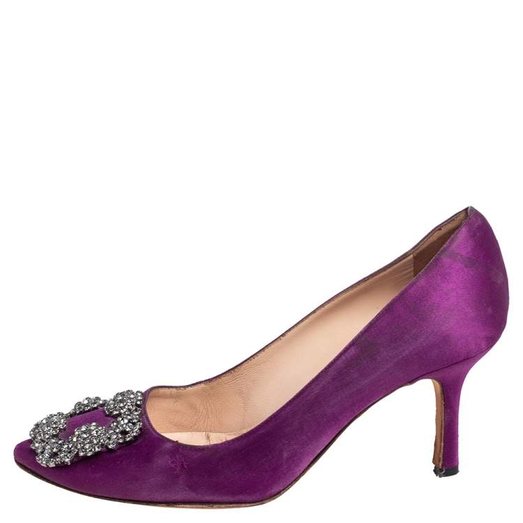Pre Owned Manolo Blahnik Purple Satin Hangisi Embellished Pumps Size 36
