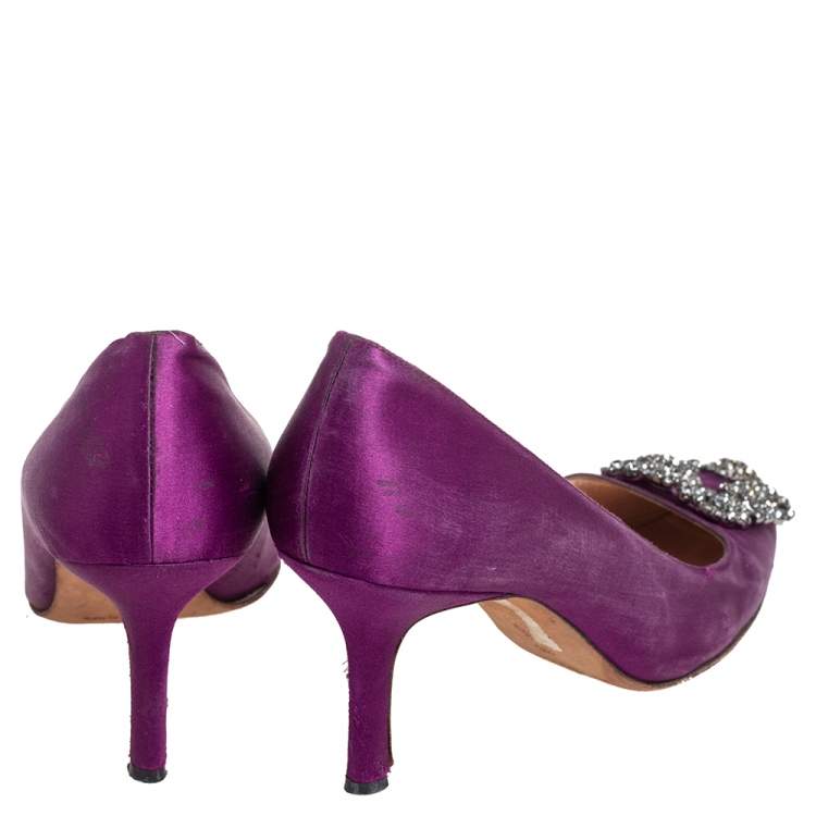 Pre Owned Manolo Blahnik Purple Satin Hangisi Embellished Pumps Size 36