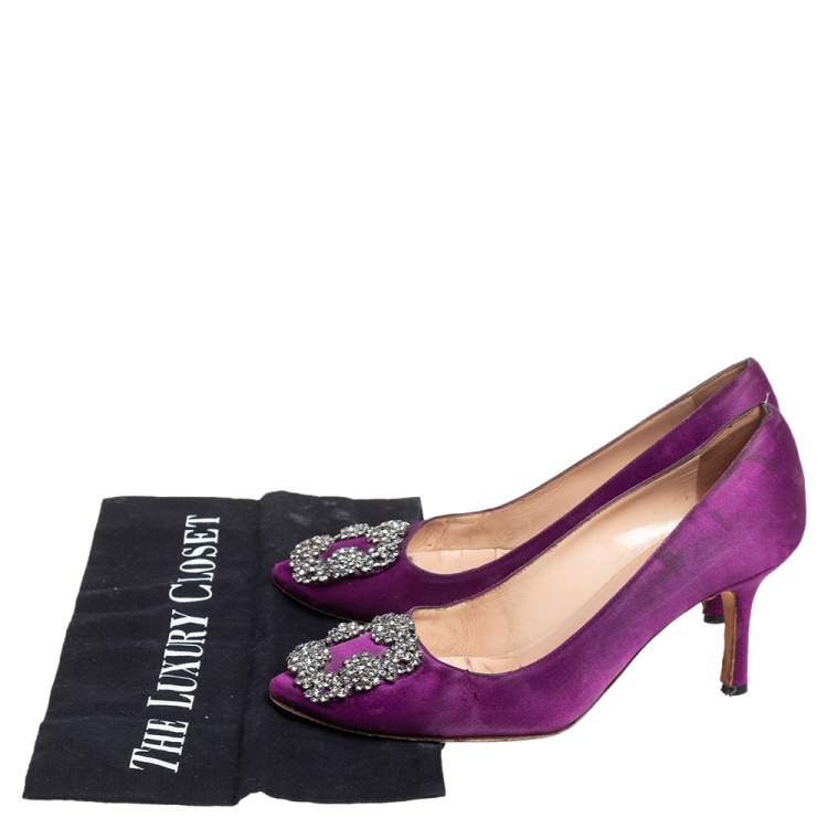 Pre Owned Manolo Blahnik Purple Satin Hangisi Embellished Pumps Size 36