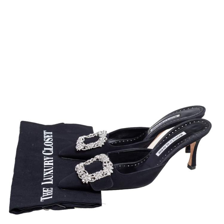 Pre Owned Manolo Blahnik Black Fabric Buckled Embellished Mule Sandals Size 38