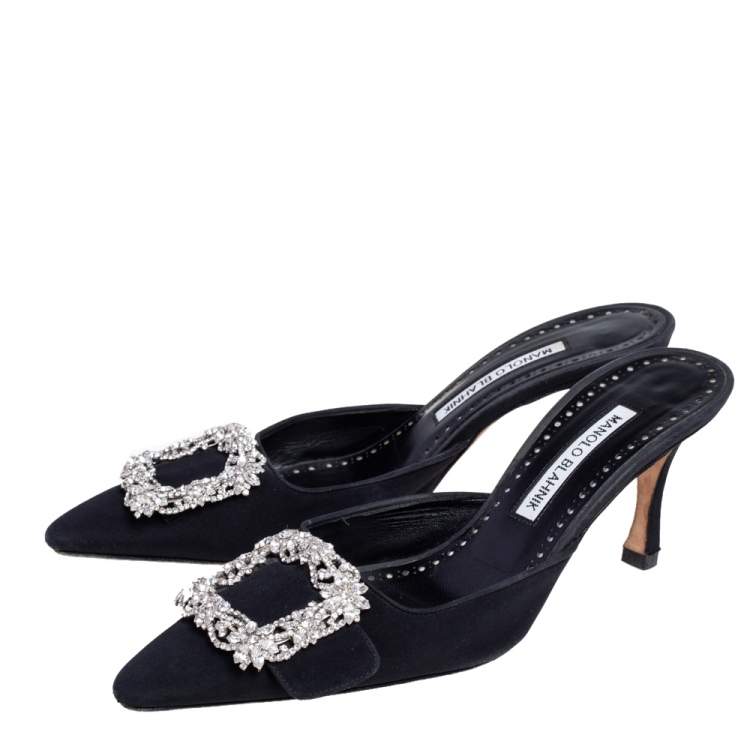 Pre Owned Manolo Blahnik Black Fabric Buckled Embellished Mule Sandals Size 38