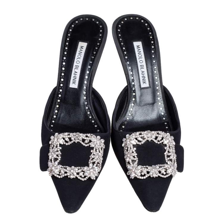 Pre Owned Manolo Blahnik Black Fabric Buckled Embellished Mule Sandals Size 38