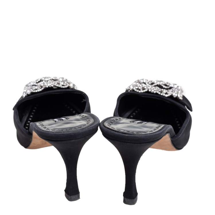 Pre Owned Manolo Blahnik Black Fabric Buckled Embellished Mule Sandals Size 38