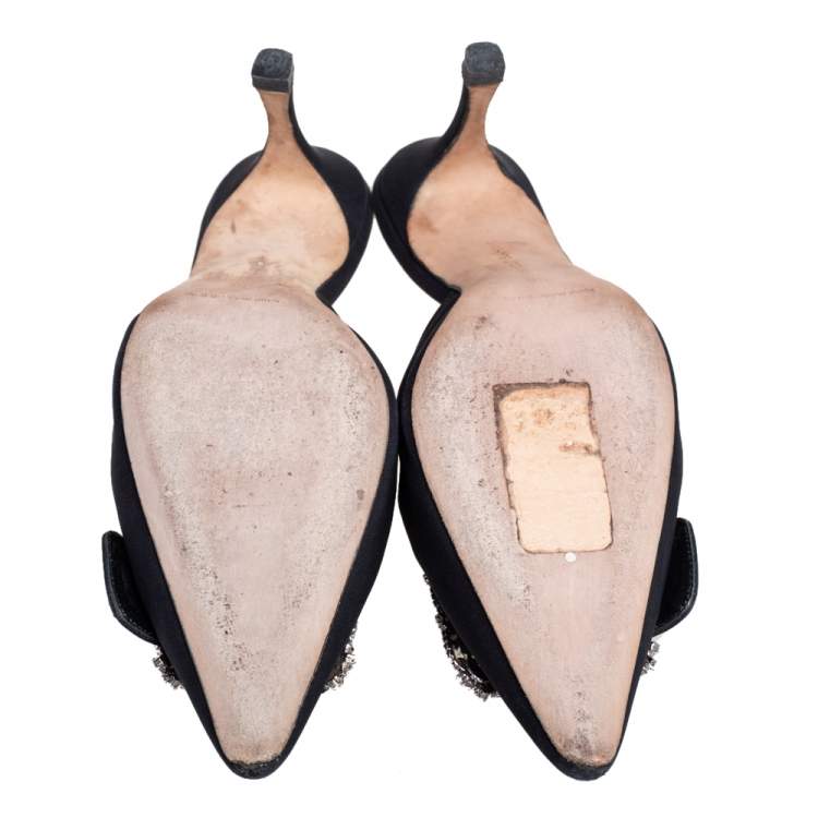 Pre Owned Manolo Blahnik Black Fabric Buckled Embellished Mule Sandals Size 38