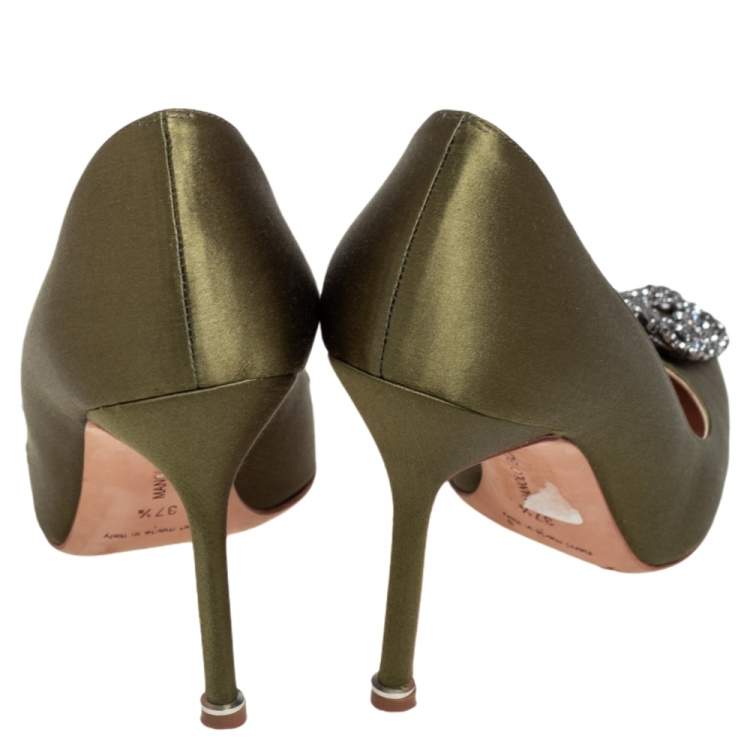 Pre Owned Manolo Blahnik Green Satin Hangisi Embellished Pumps Size 37.5