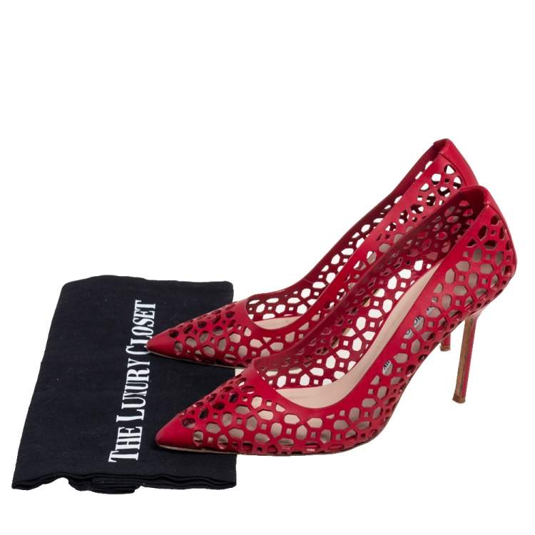 Pre Owned Manolo Blahnik Red Laser Cut Leather Pointed Toe Pumps Size 38