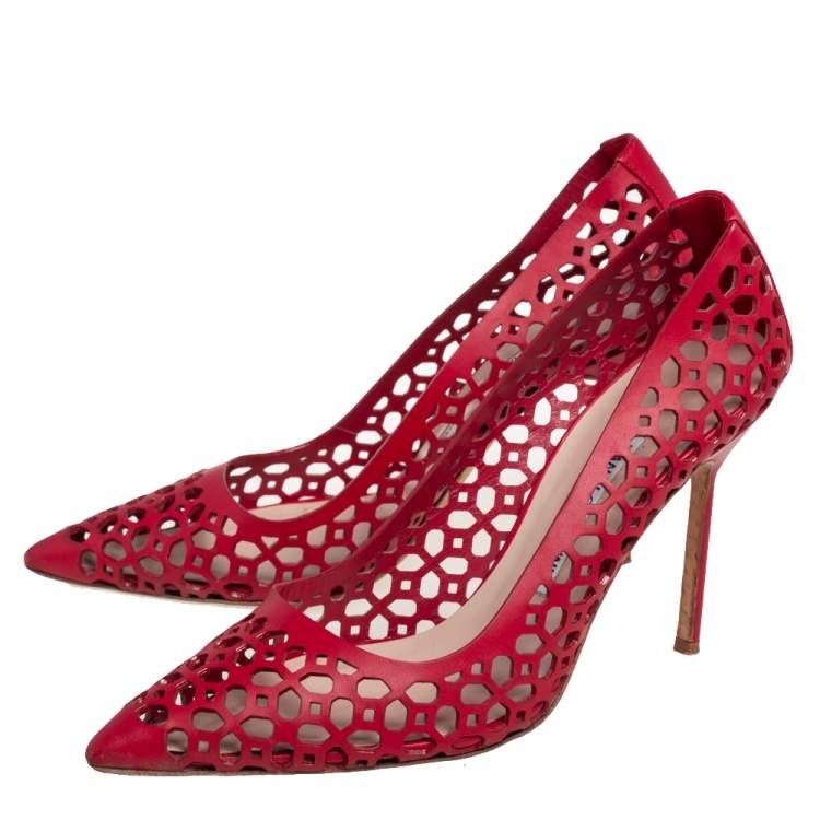 Pre Owned Manolo Blahnik Red Laser Cut Leather Pointed Toe Pumps Size 38