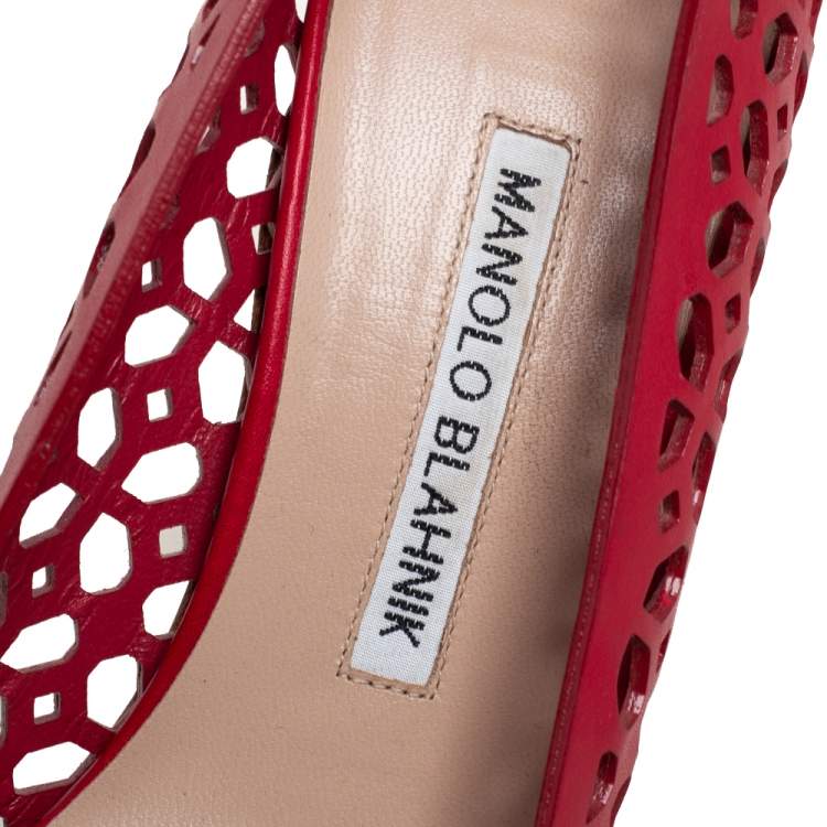 Pre Owned Manolo Blahnik Red Laser Cut Leather Pointed Toe Pumps Size 38
