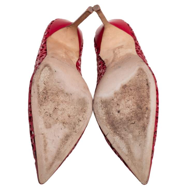 Pre Owned Manolo Blahnik Red Laser Cut Leather Pointed Toe Pumps Size 38