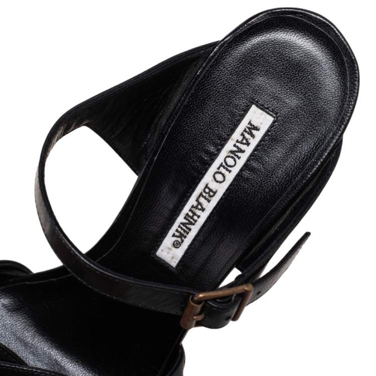 Pre Owned Manolo Blahnik Black Woven Leather Open Toe Sandals Size 38.5
