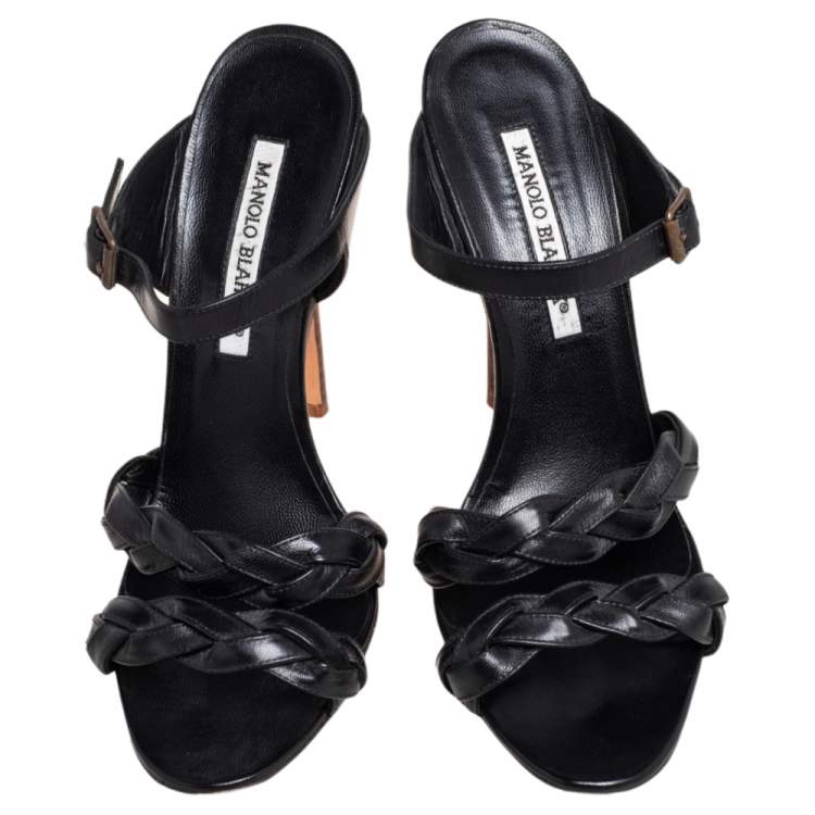 Pre Owned Manolo Blahnik Black Woven Leather Open Toe Sandals Size 38.5