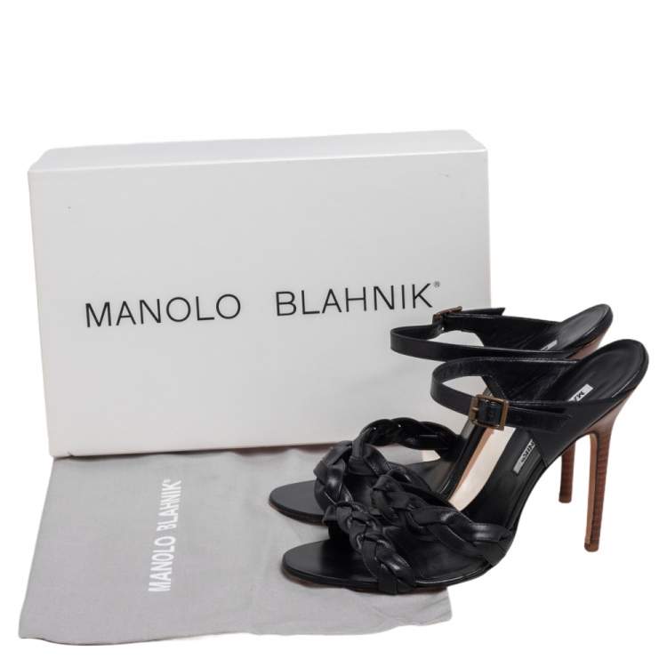 Pre Owned Manolo Blahnik Black Woven Leather Open Toe Sandals Size 38.5