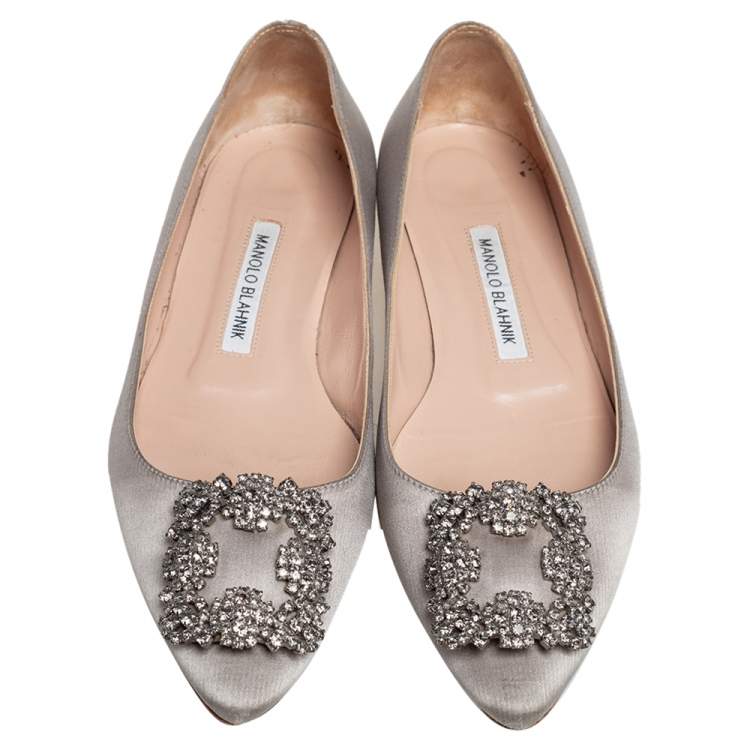 Pre Owned Manolo Blahnik Grey Satin Hangisi Ballet Flats Size 37.5
