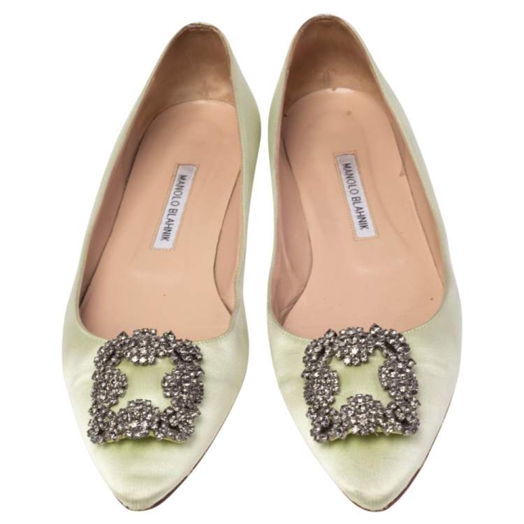 Pre Owned Manolo Blahnik Green Satin Hangisi Ballet Flats Size 41
