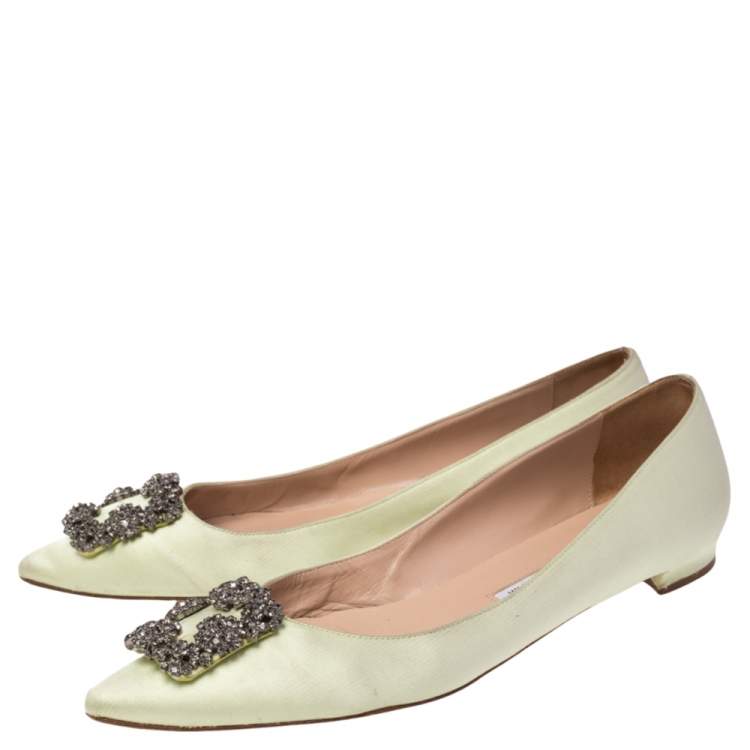 Pre Owned Manolo Blahnik Green Satin Hangisi Ballet Flats Size 41
