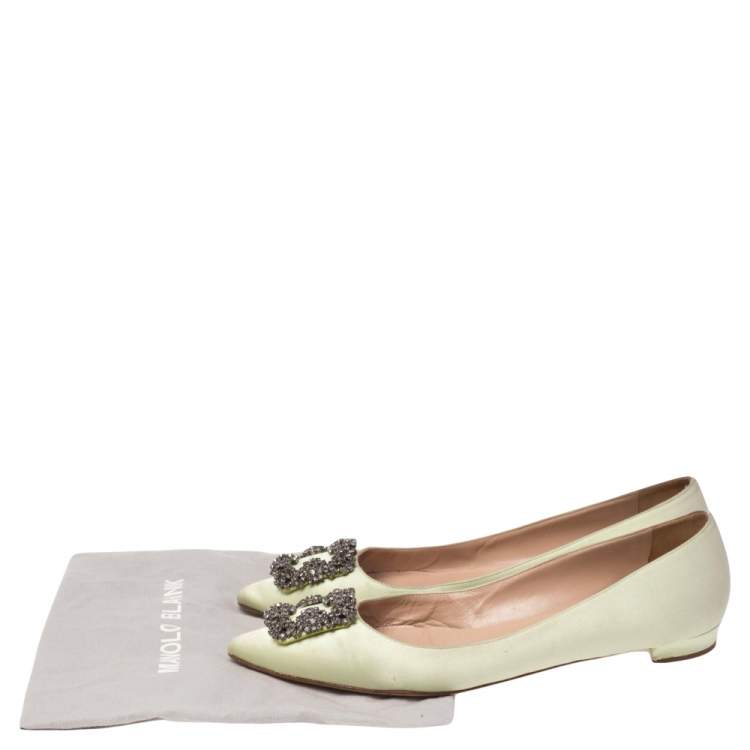 Pre Owned Manolo Blahnik Green Satin Hangisi Ballet Flats Size 41