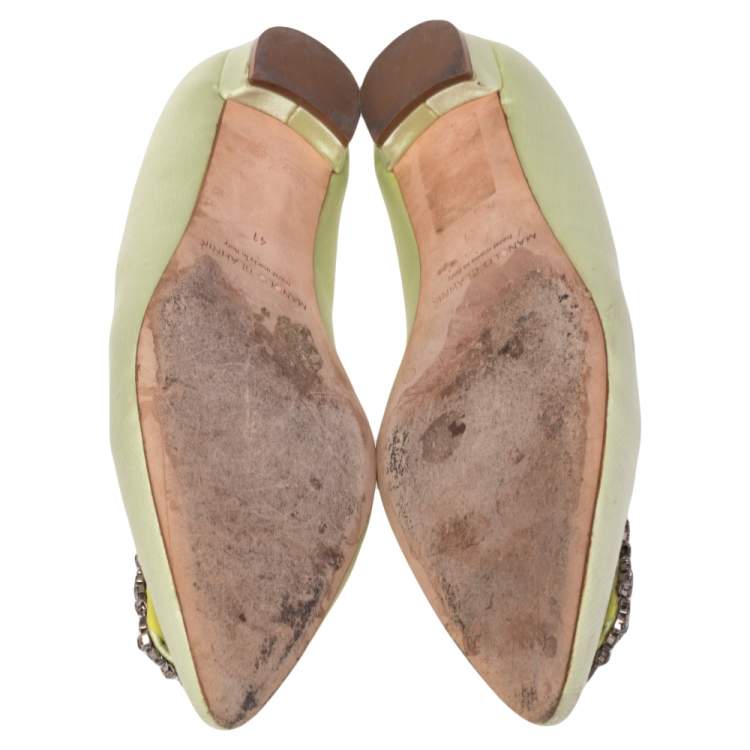 Pre Owned Manolo Blahnik Green Satin Hangisi Ballet Flats Size 41