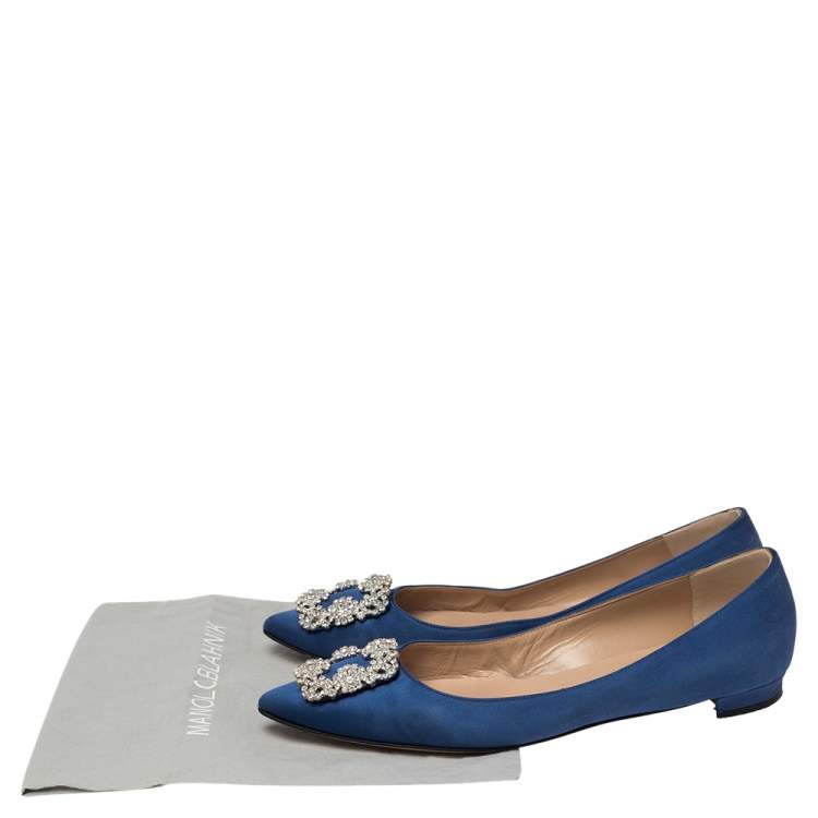 Pre Owned Manolo Blahnik Royal Blue Satin Hangisi Embellished Ballet Flats Size 40