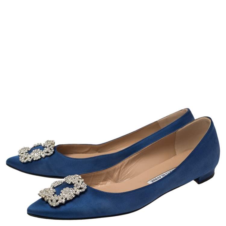 Pre Owned Manolo Blahnik Royal Blue Satin Hangisi Embellished Ballet Flats Size 40