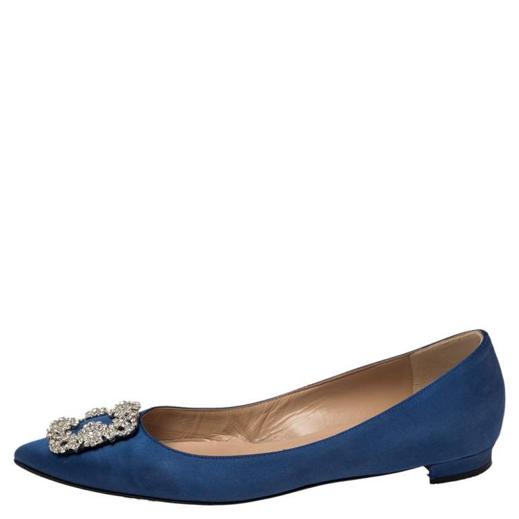 Pre Owned Manolo Blahnik Royal Blue Satin Hangisi Embellished Ballet Flats Size 40
