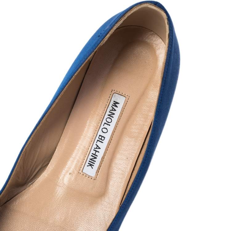 Pre Owned Manolo Blahnik Royal Blue Satin Hangisi Embellished Ballet Flats Size 40