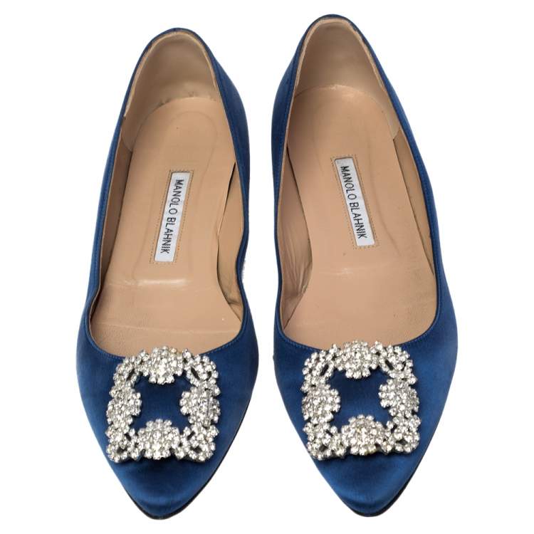 Pre Owned Manolo Blahnik Royal Blue Satin Hangisi Embellished Ballet Flats Size 40