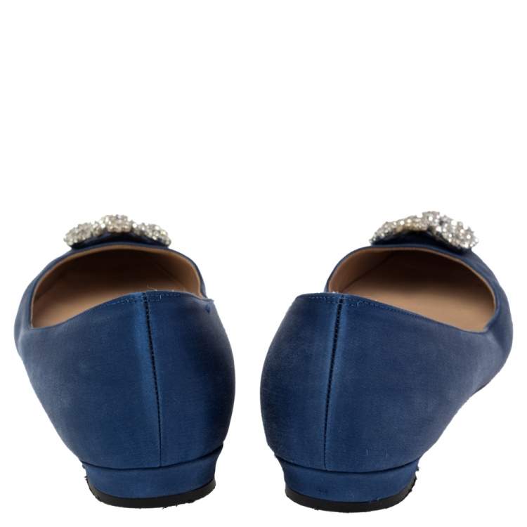 Pre Owned Manolo Blahnik Royal Blue Satin Hangisi Embellished Ballet Flats Size 40