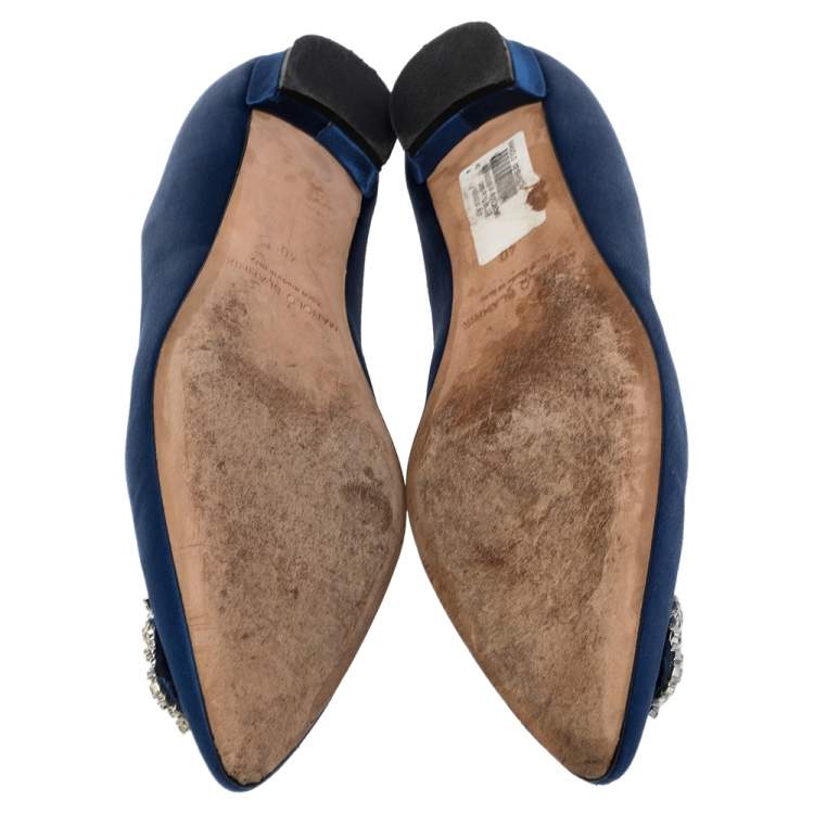 Pre Owned Manolo Blahnik Royal Blue Satin Hangisi Embellished Ballet Flats Size 40