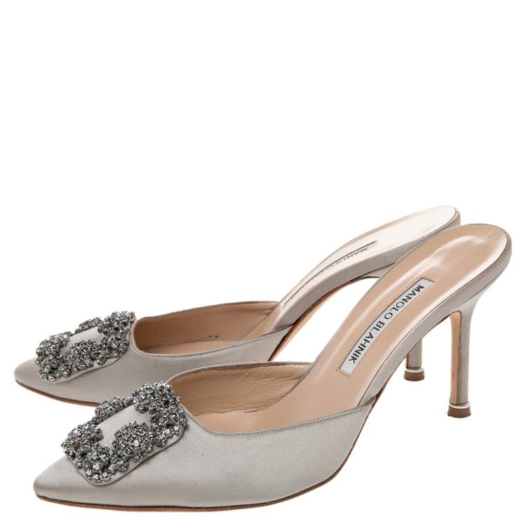 Pre Owned Manolo Blahnik Grey Satin Hangisi Slide Mules Size 37.5
