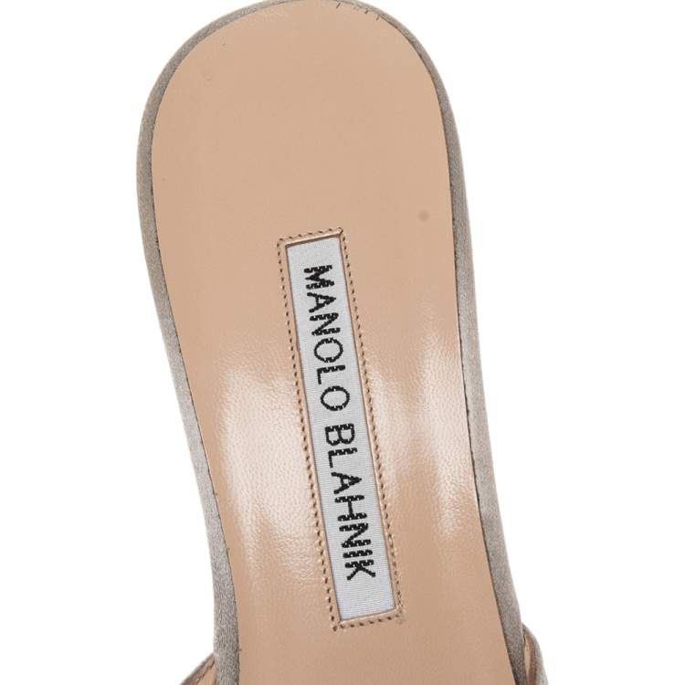 Pre Owned Manolo Blahnik Grey Satin Hangisi Slide Mules Size 37.5