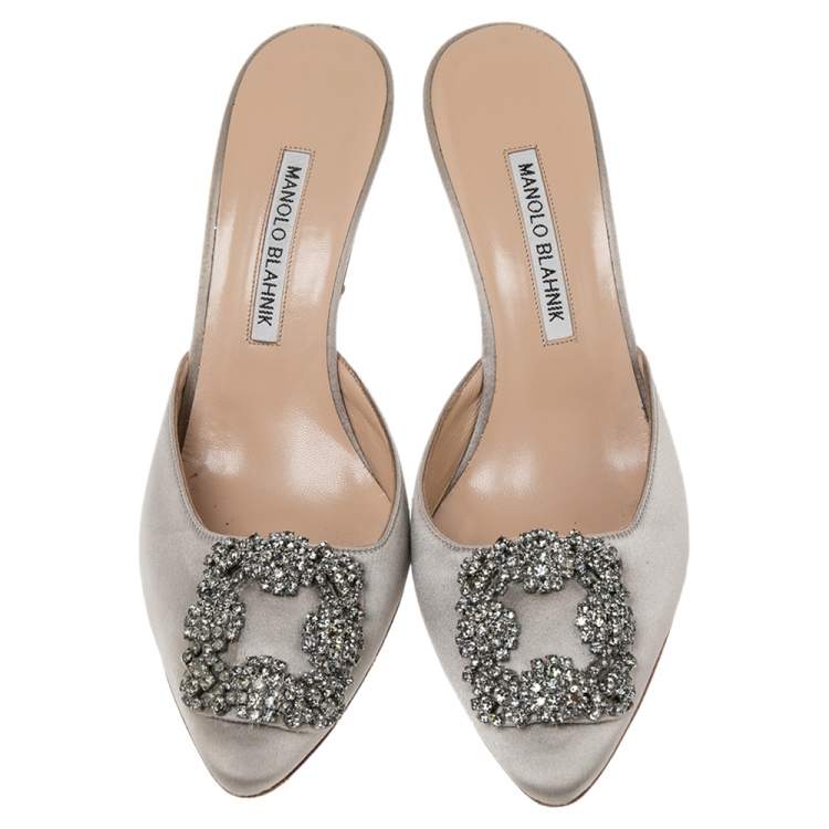 Pre Owned Manolo Blahnik Grey Satin Hangisi Slide Mules Size 37.5
