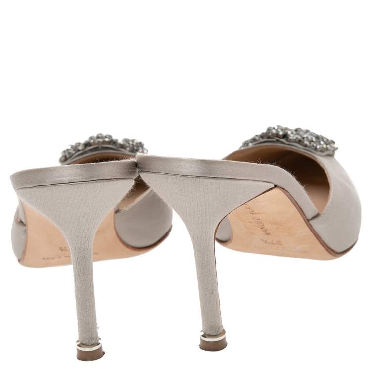 Pre Owned Manolo Blahnik Grey Satin Hangisi Slide Mules Size 37.5