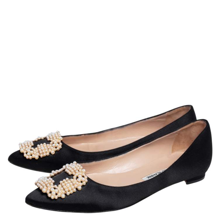 Pre Owned Manolo Blahnik Black Satin Hangisi Pearl Embellished Ballet Flats Size 37