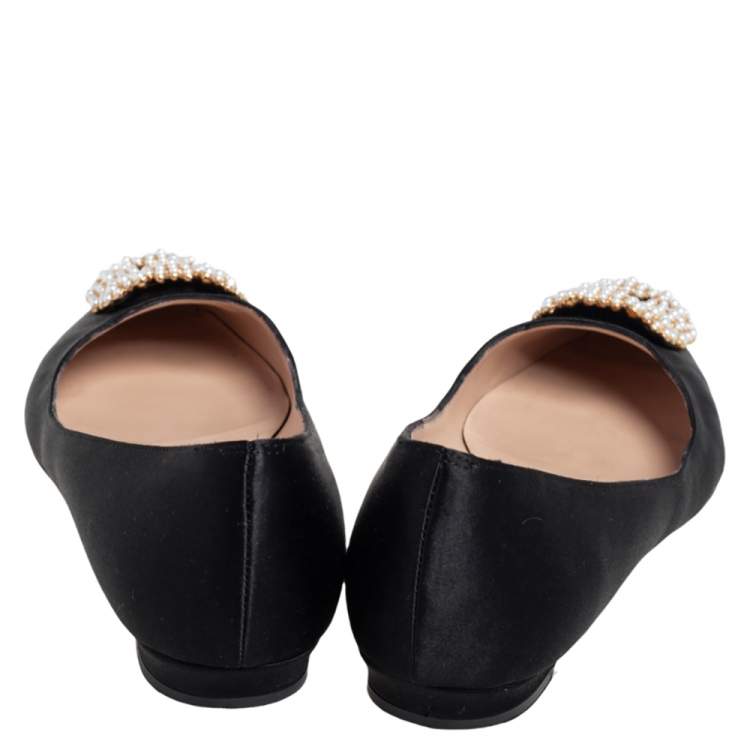 Pre Owned Manolo Blahnik Black Satin Hangisi Pearl Embellished Ballet Flats Size 37