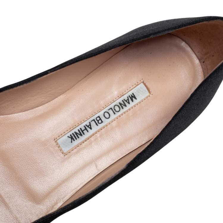 Pre Owned Manolo Blahnik Black Satin Hangisi Pearl Embellished Ballet Flats Size 37