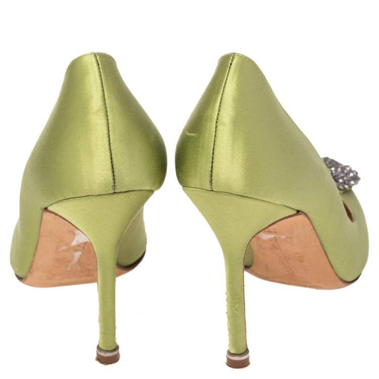 Pre Owned Manolo Blahnik  Apple Green Satin Hangisi Pumps Size 35.5