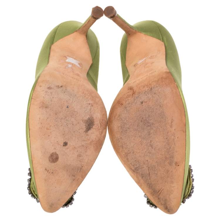 Pre Owned Manolo Blahnik  Apple Green Satin Hangisi Pumps Size 35.5
